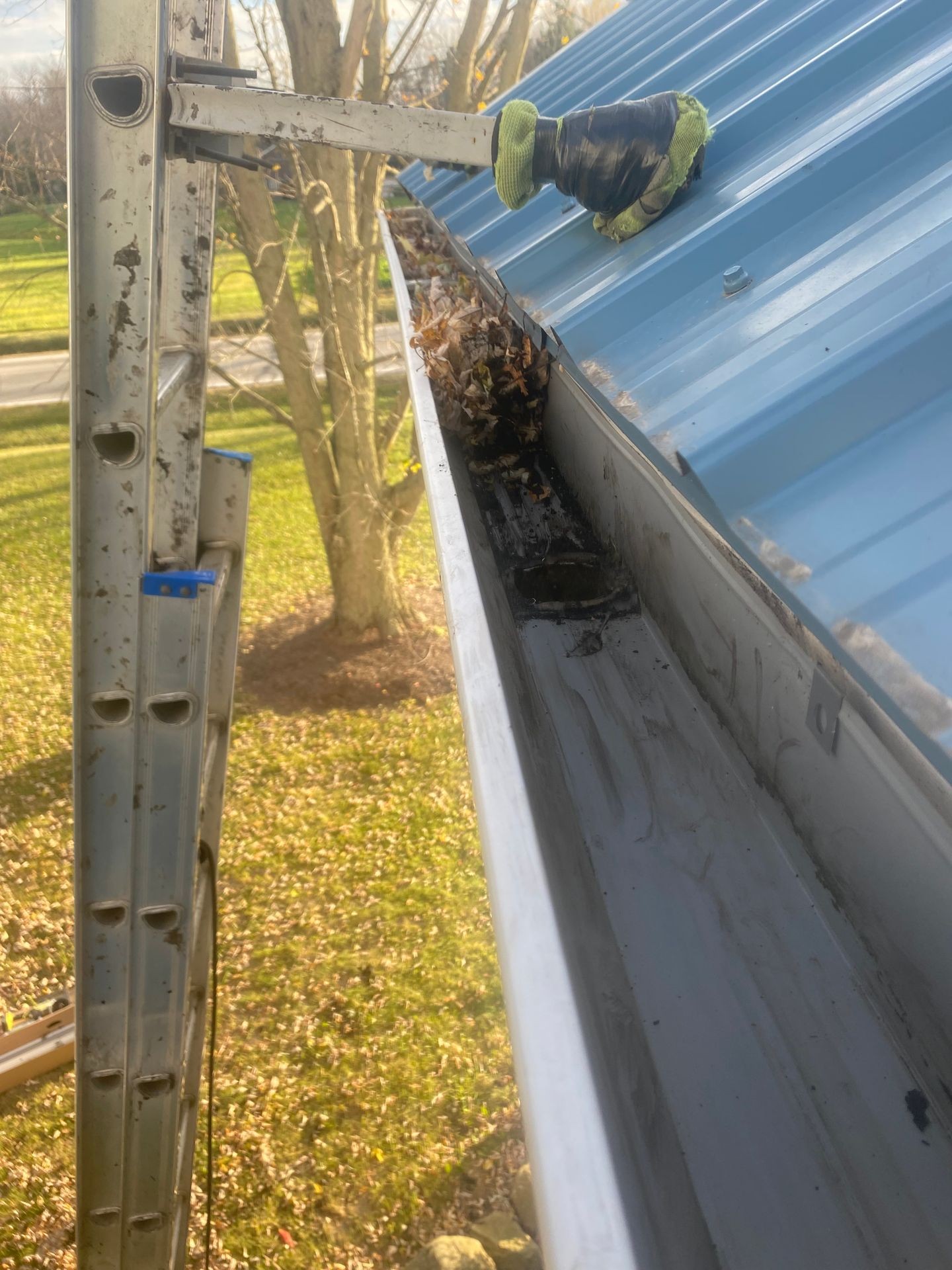 Ladder and gloved hand cleaning debris from a rooftop gutter on a sunny day.